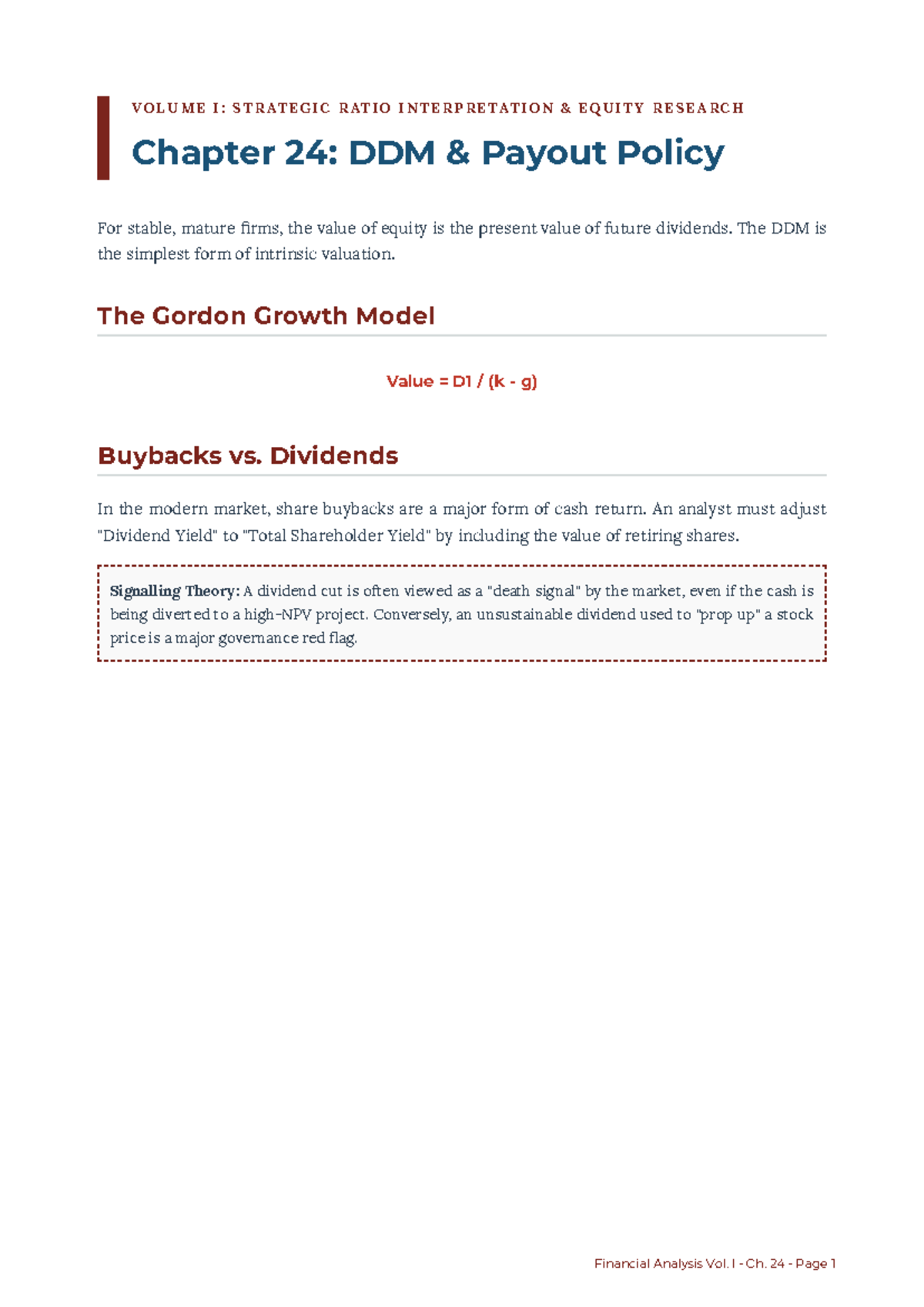 Financial Analysis Vol I: Chapter 24 - DDM Payout Policy - Studocu