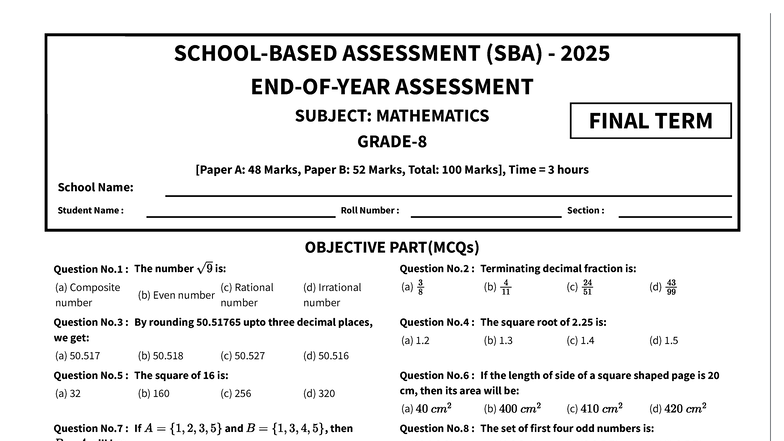 Mathematics Final Term Assessment (SBA) 2025 - 8th Grade - Studocu