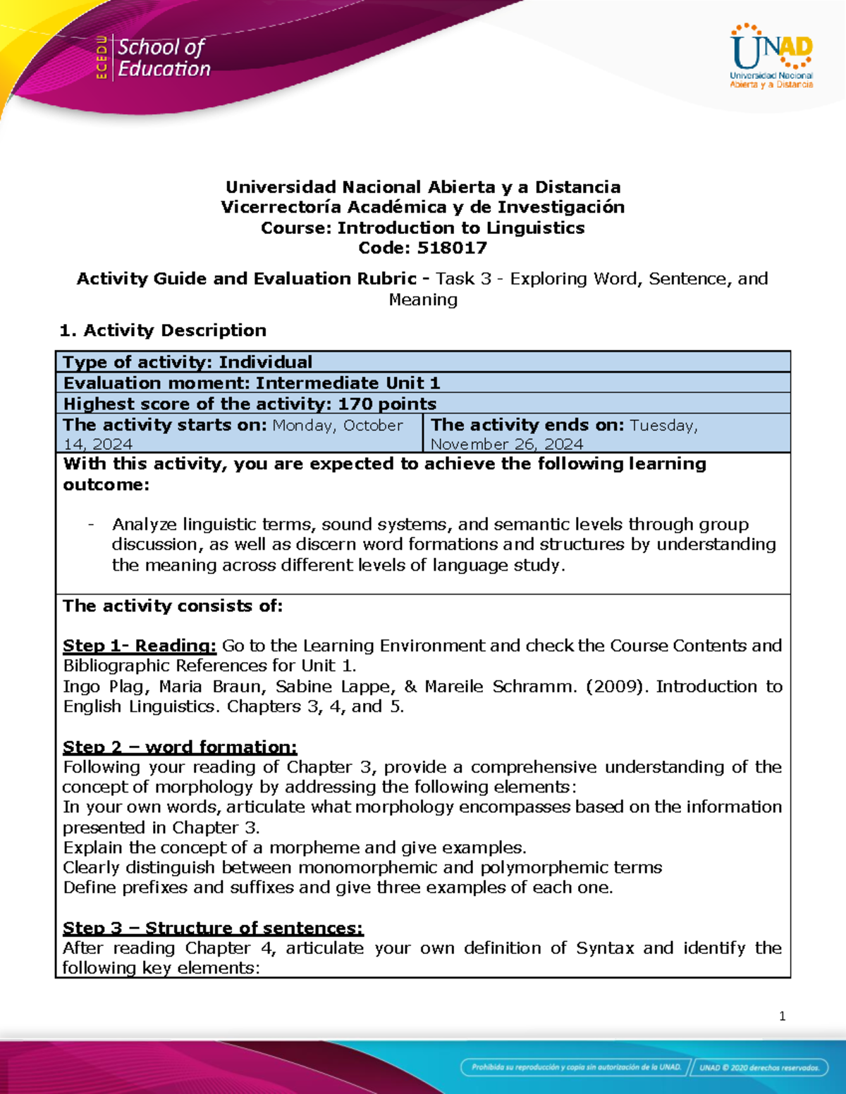 Activity Guide & Eval. Rubric for Unit 1 - Task 3: Linguistics 518017 ...