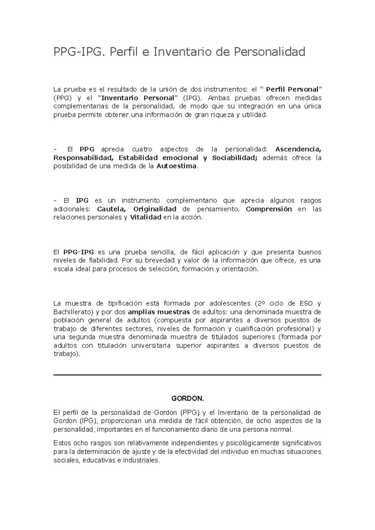 Manual de Aplicación del IPG y PPG en Psicología - Studocu