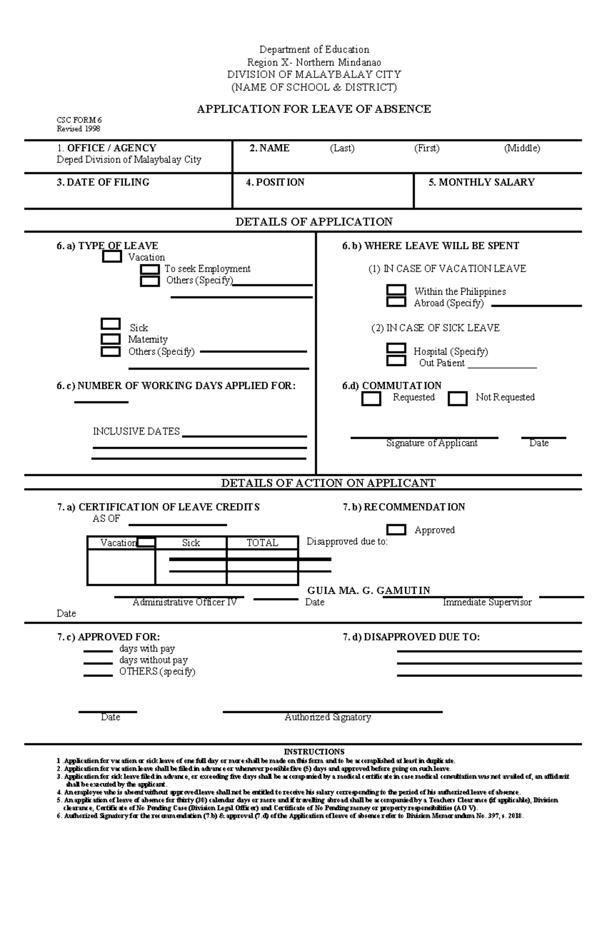 Application for leave of absence csc form 6 revised 1998 - Department ...