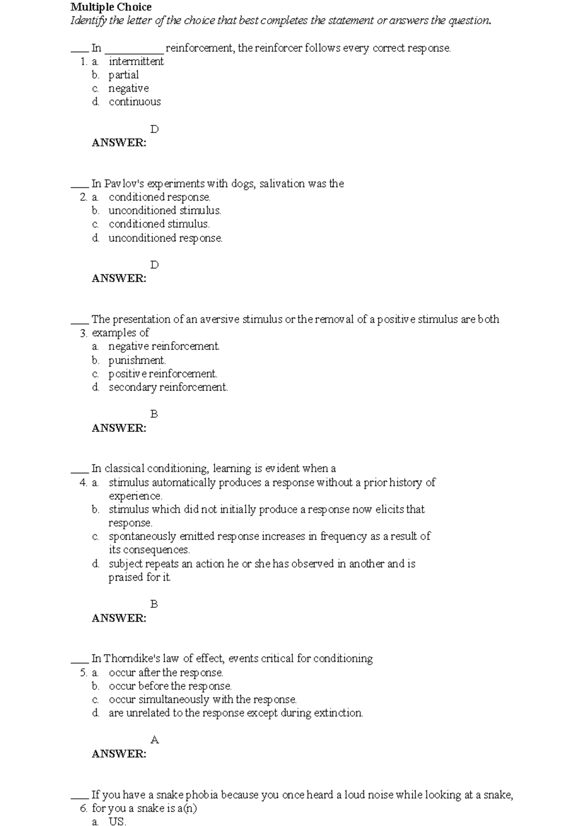 Chapter 6 MCQs: Understanding Classical and Operant Conditioning - Studocu