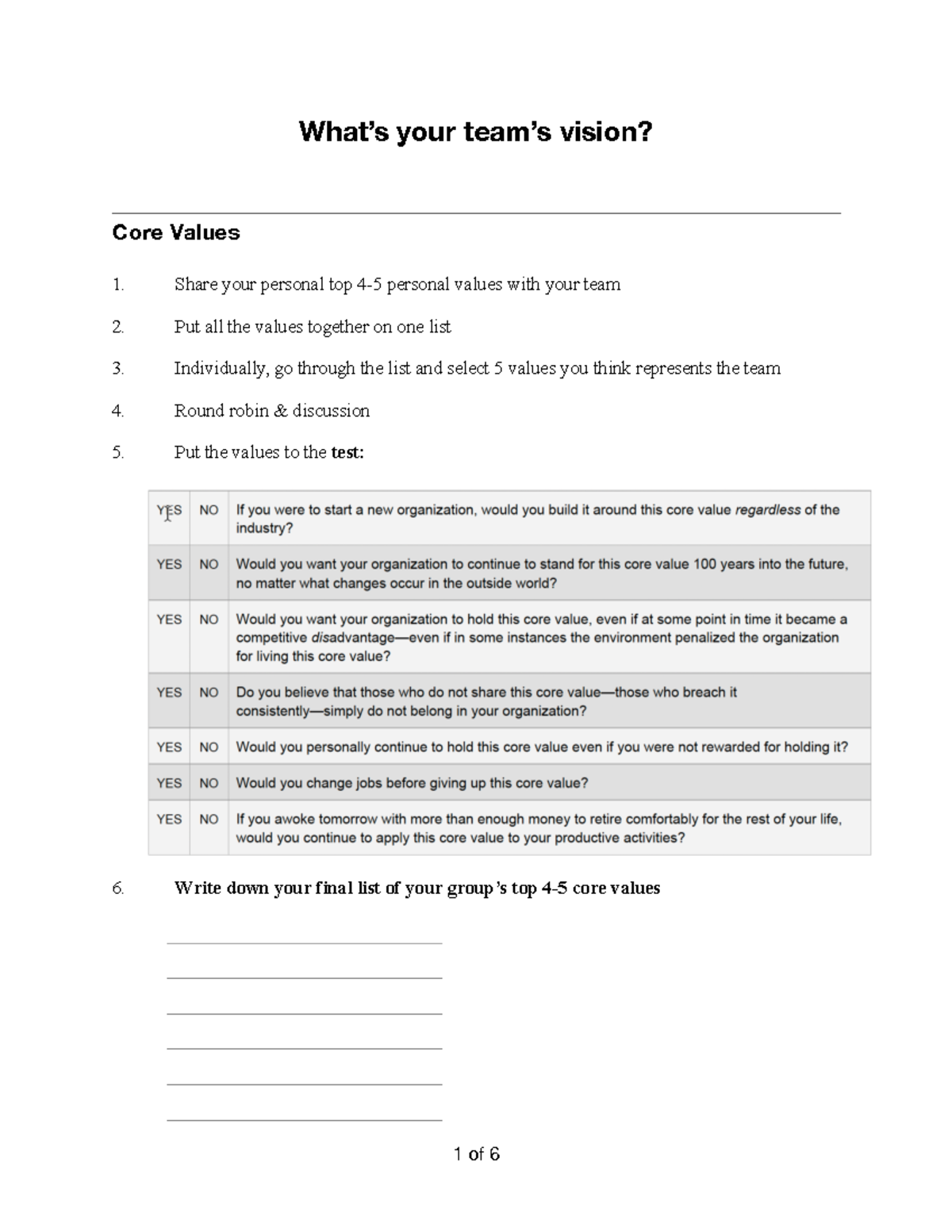 Team Vision Development Activity: Core Values & Purpose Exploration ...