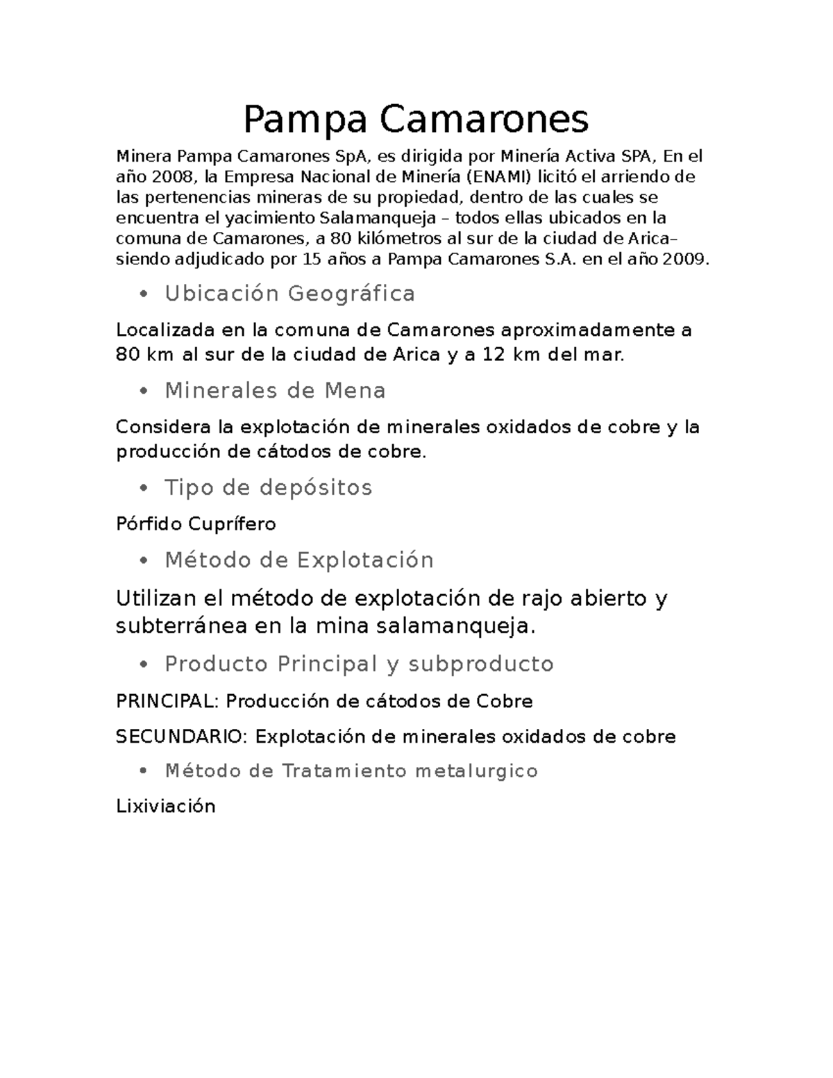 Estudio sobre la Minera Pampa Camarones: Explotación y Métodos - Studocu