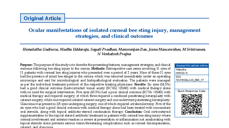Ocular Manifestations and Management of Corneal Bee Sting Injury: A ...