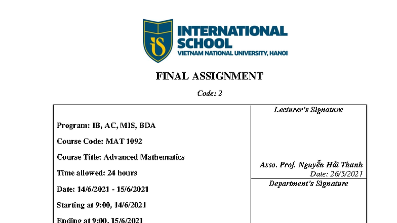Final Assignment MAT 1092 - Signature Program Code 2 - Studocu
