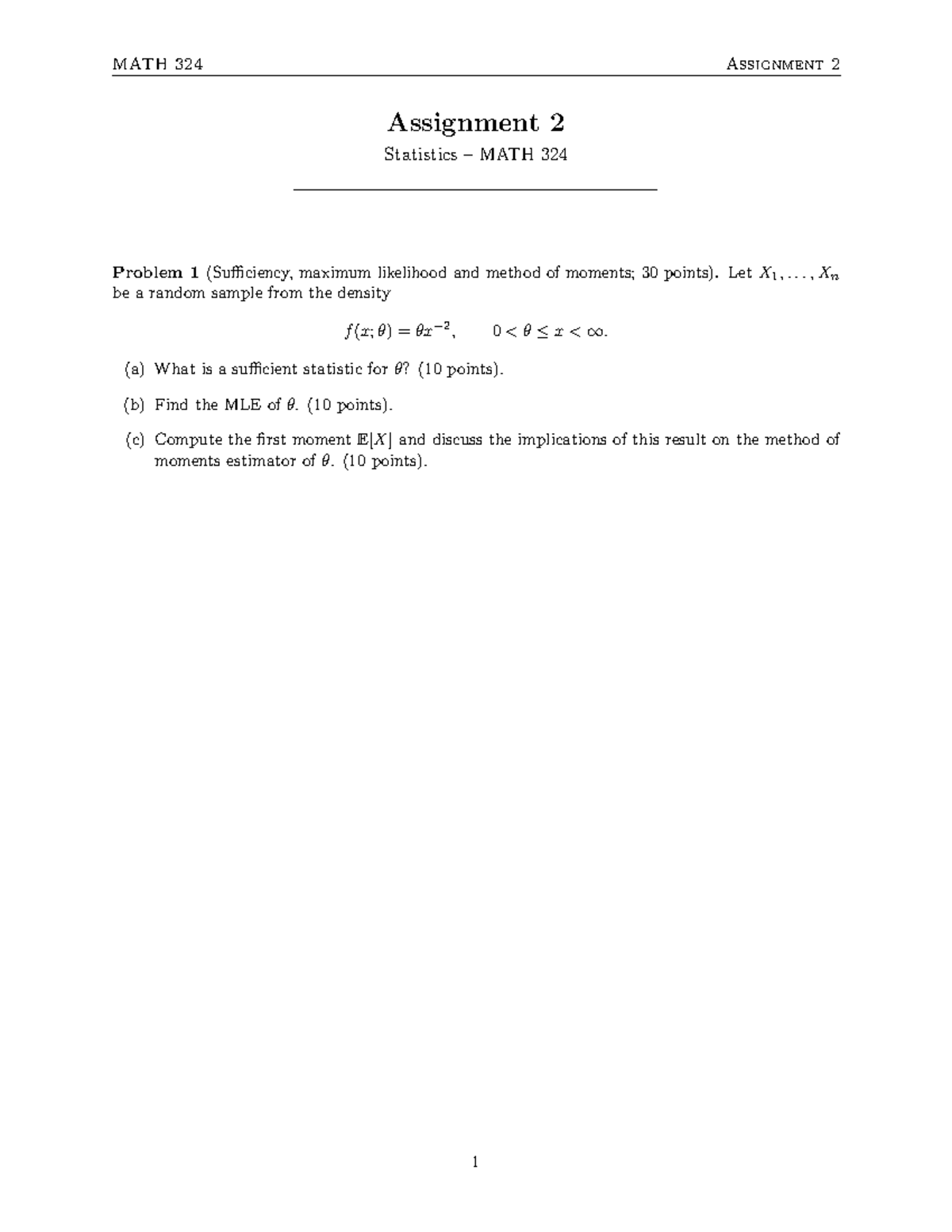 MATH 324 Assignment 2: Statistics and MLE Problems - Studocu