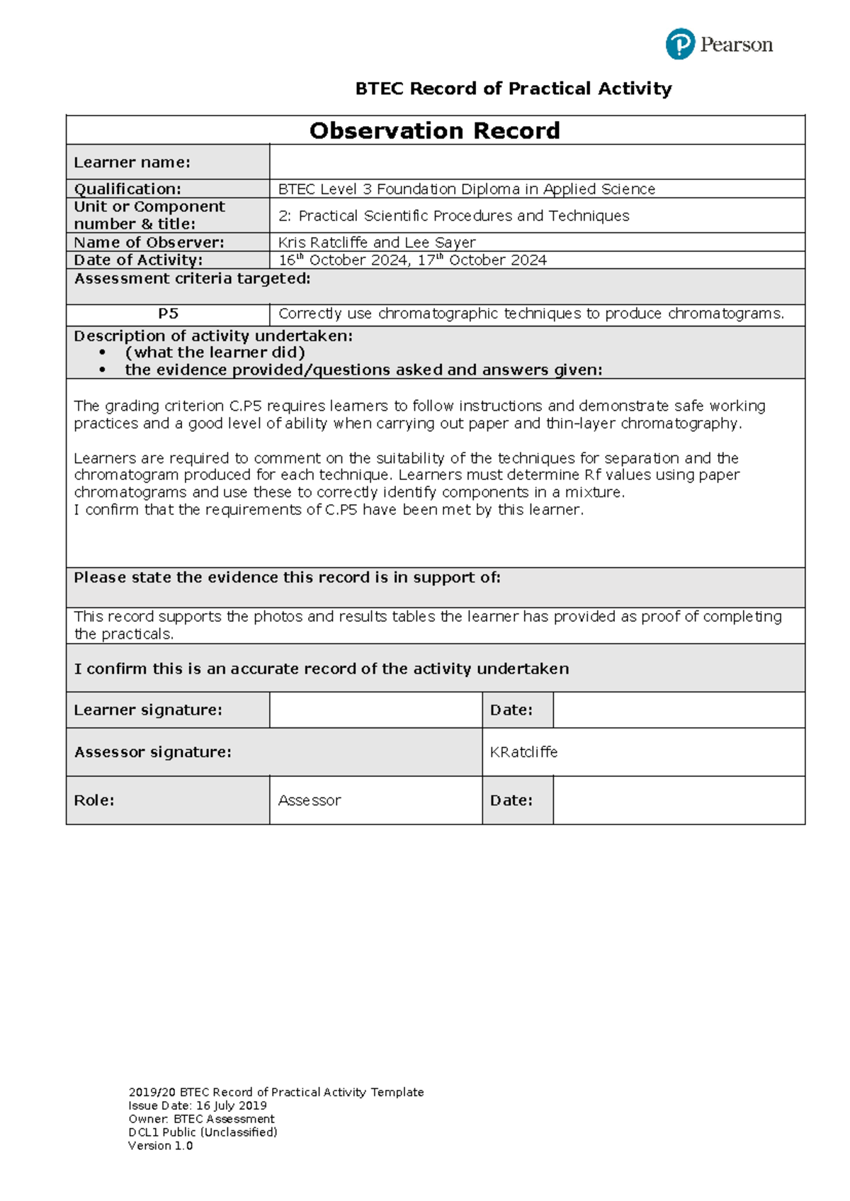 BTEC Level 3 Practical Activity: Chromatography Observation Record ...