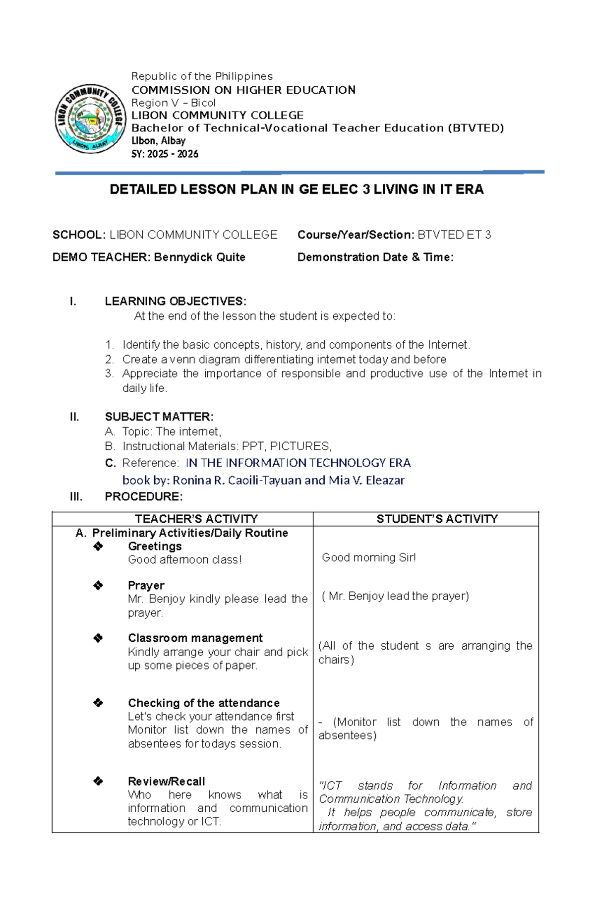 Detailed Lesson Plan in GE ELEC 3: Living in the IT Era (BTVTED) - Studocu