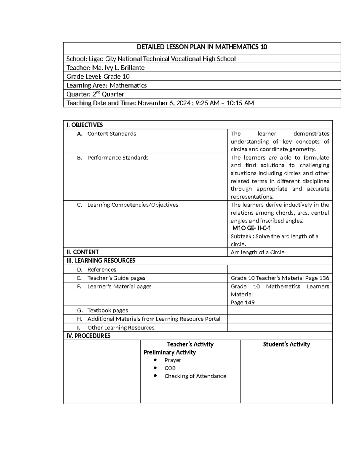 Detailed Lesson PLAN IN Mathematics 10 November 6, 2024 - DETAILED ...