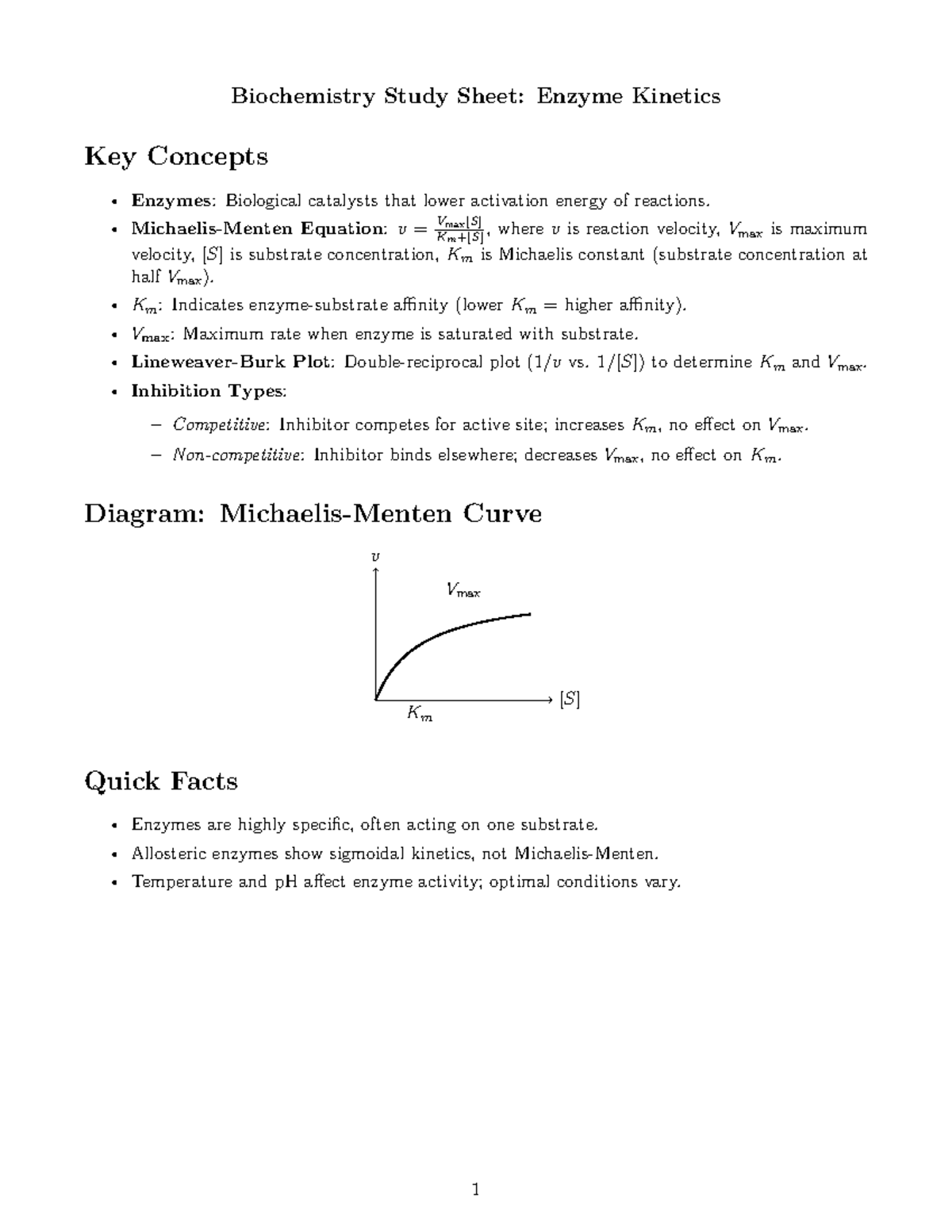 Biochemistry Study Sheet: Enzyme Kinetics Key Concepts - Studocu