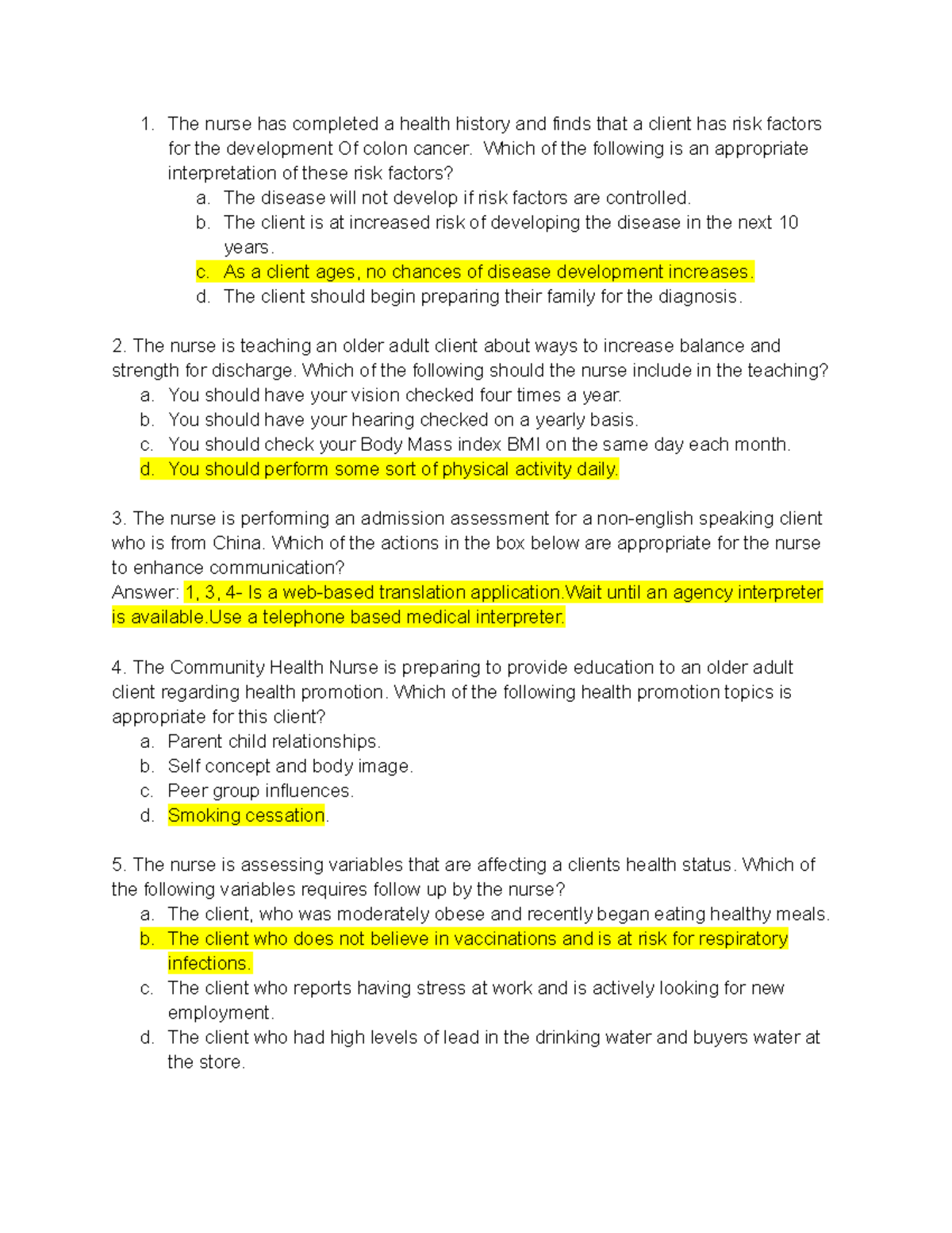 NUR 101 - Practice Questions for Health Assessment and Nursing Care ...