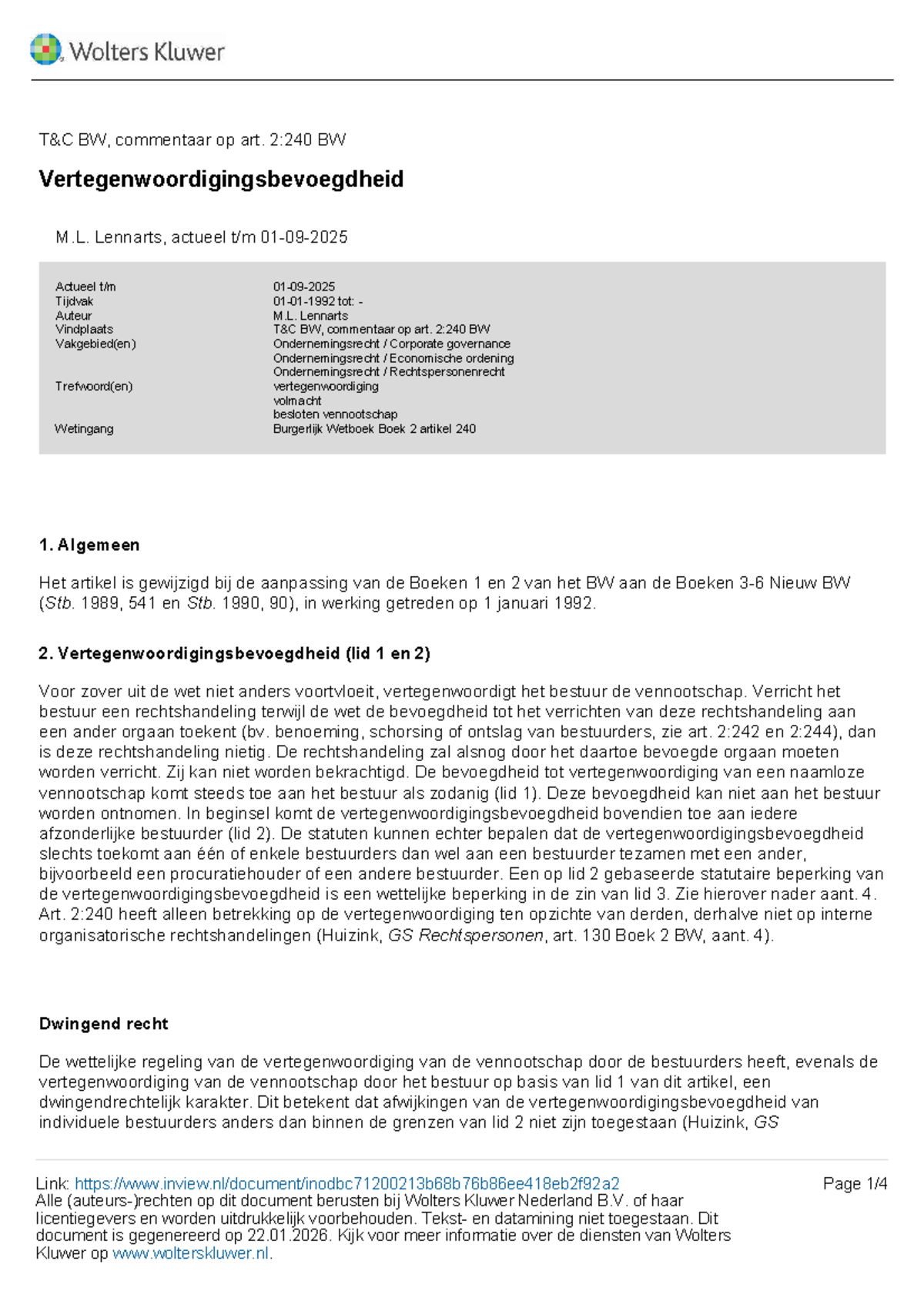 T&C BW, Commentaar op Art. 2:240 BW - Vertegenwoordigingsbevoegdheid ...