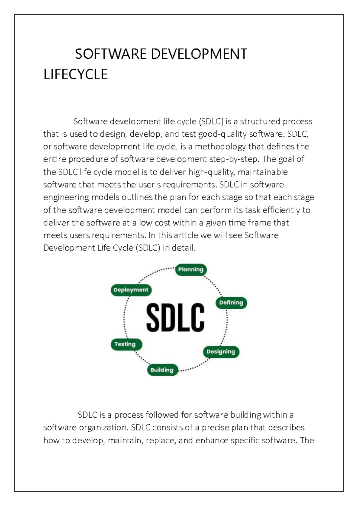 SOFTWARE DEVELOPMENT LIFECYCLE: A Comprehensive Overview of SDLC - Studocu