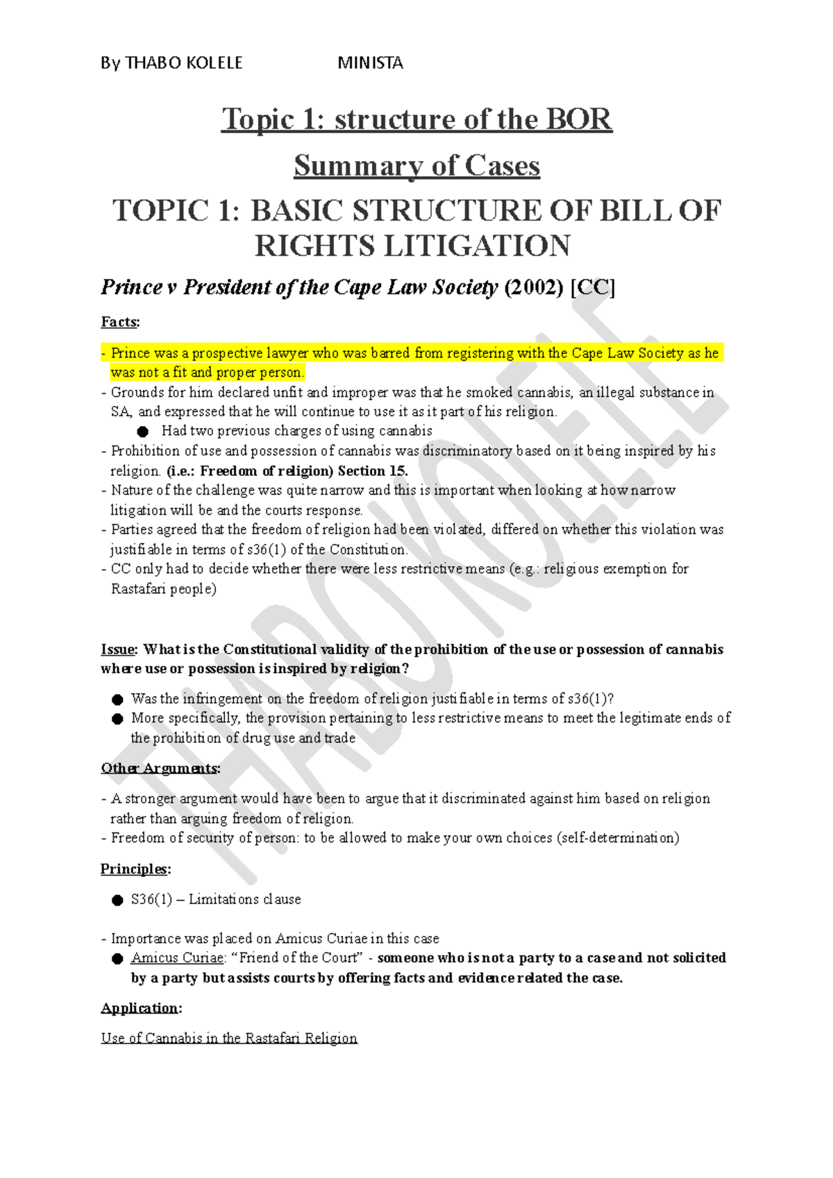 Summary of Constitutional Law Cases - BOR Focused Insights - Studocu