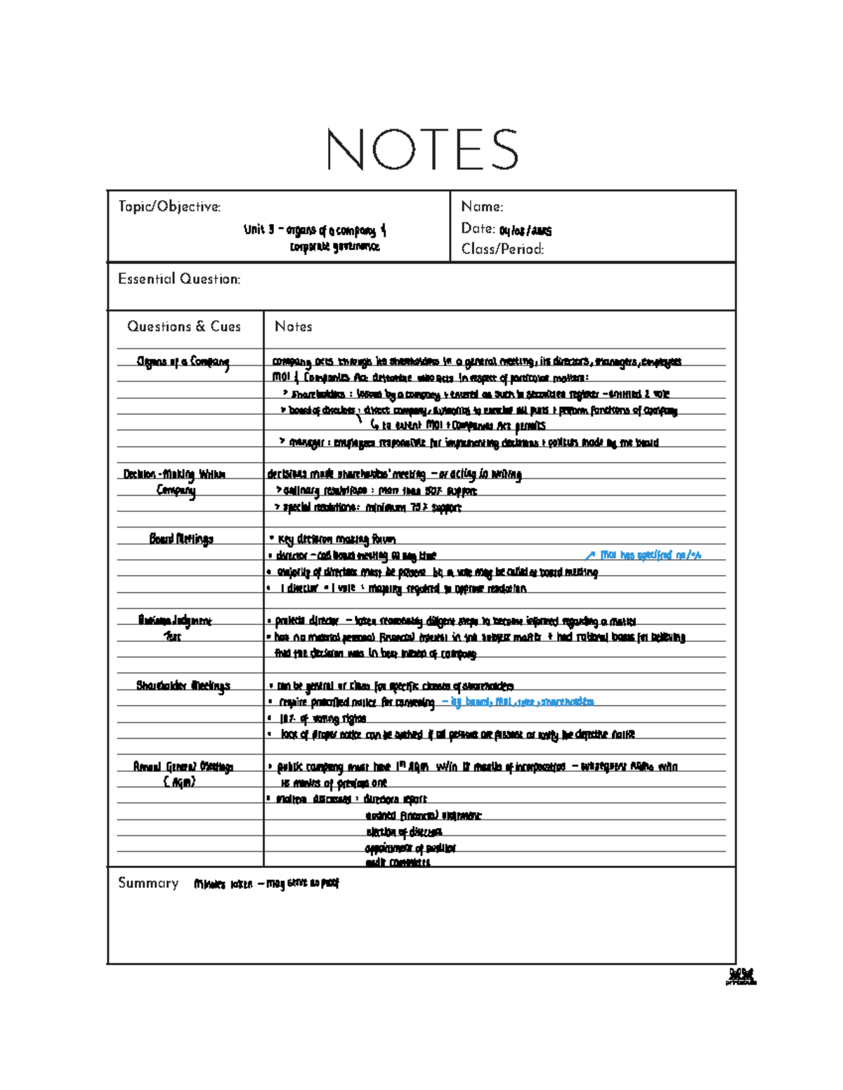 BEL Class Notes Unit 3 - Summary on Corporate Governance - Studocu