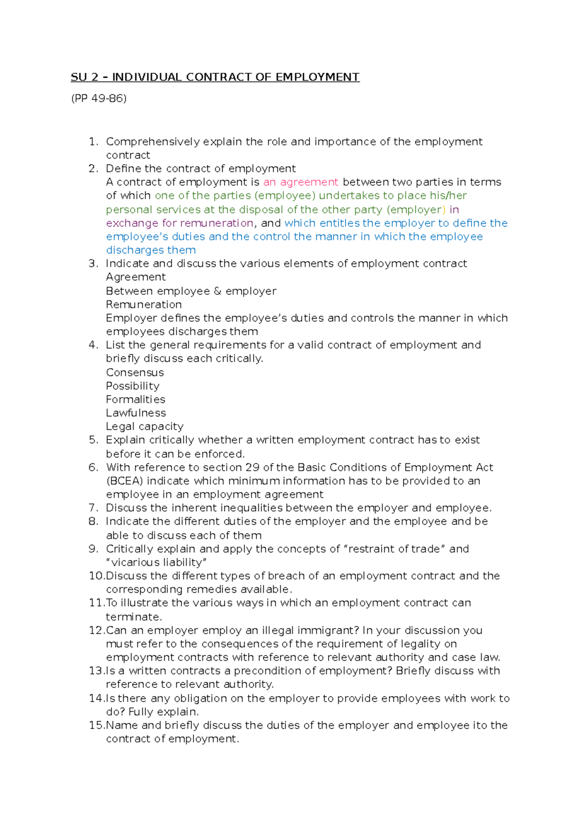 SU 2 - The Role and Elements of Employment Contracts - Studocu