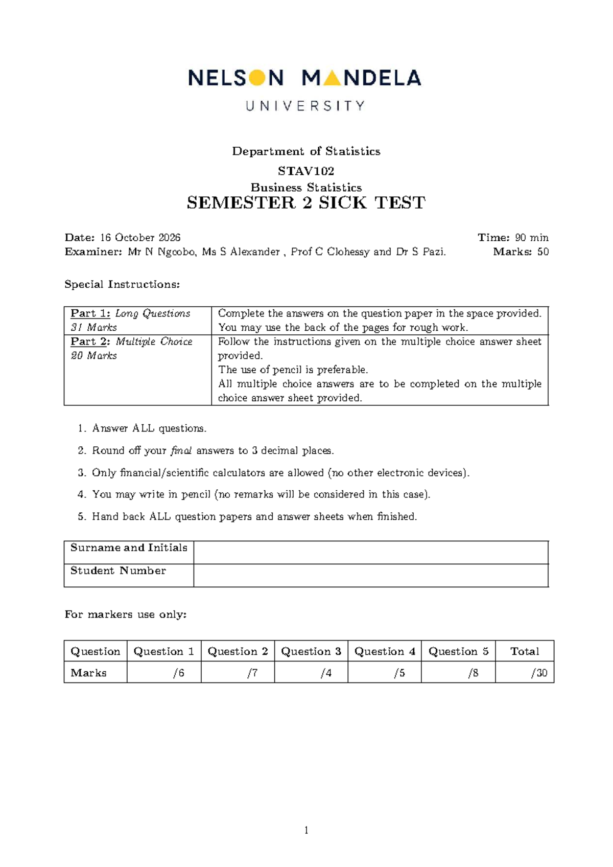 STAV102 Business Statistics Sick Test - 16 October 2026 - Studocu