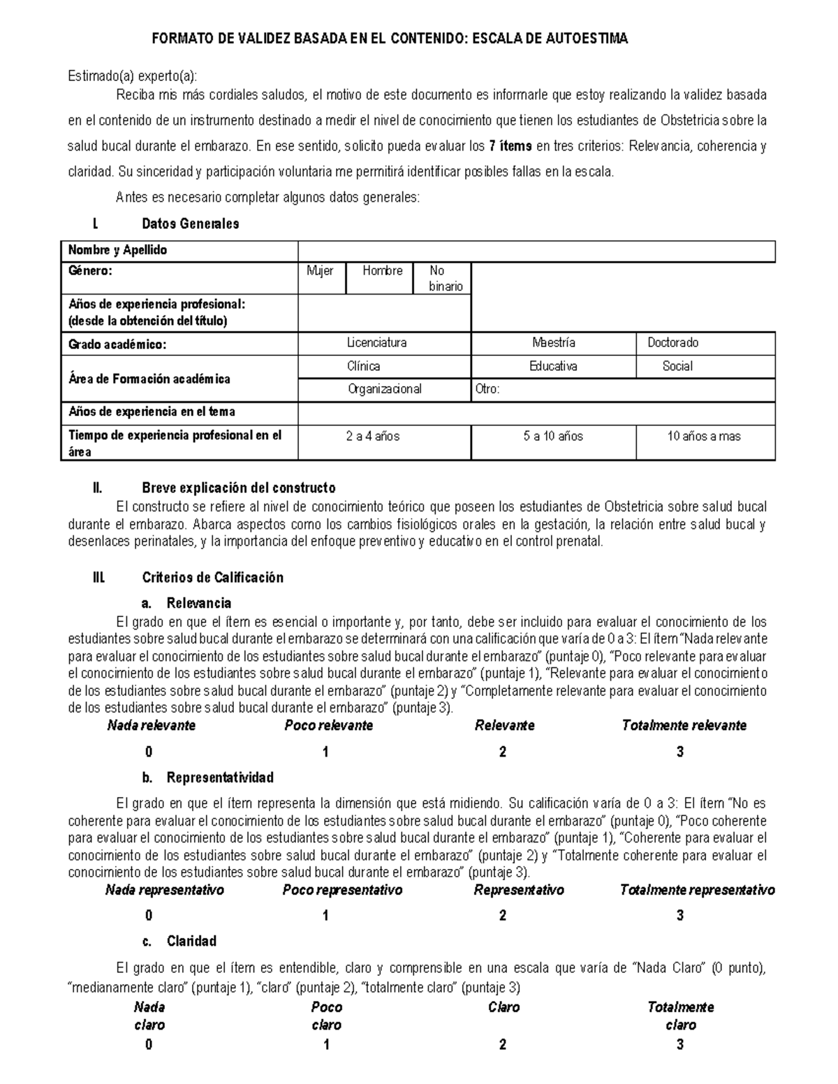 Formato de Validez Basada en el Contenido: Escala de Autoestima en Salud Pública - Document Preview