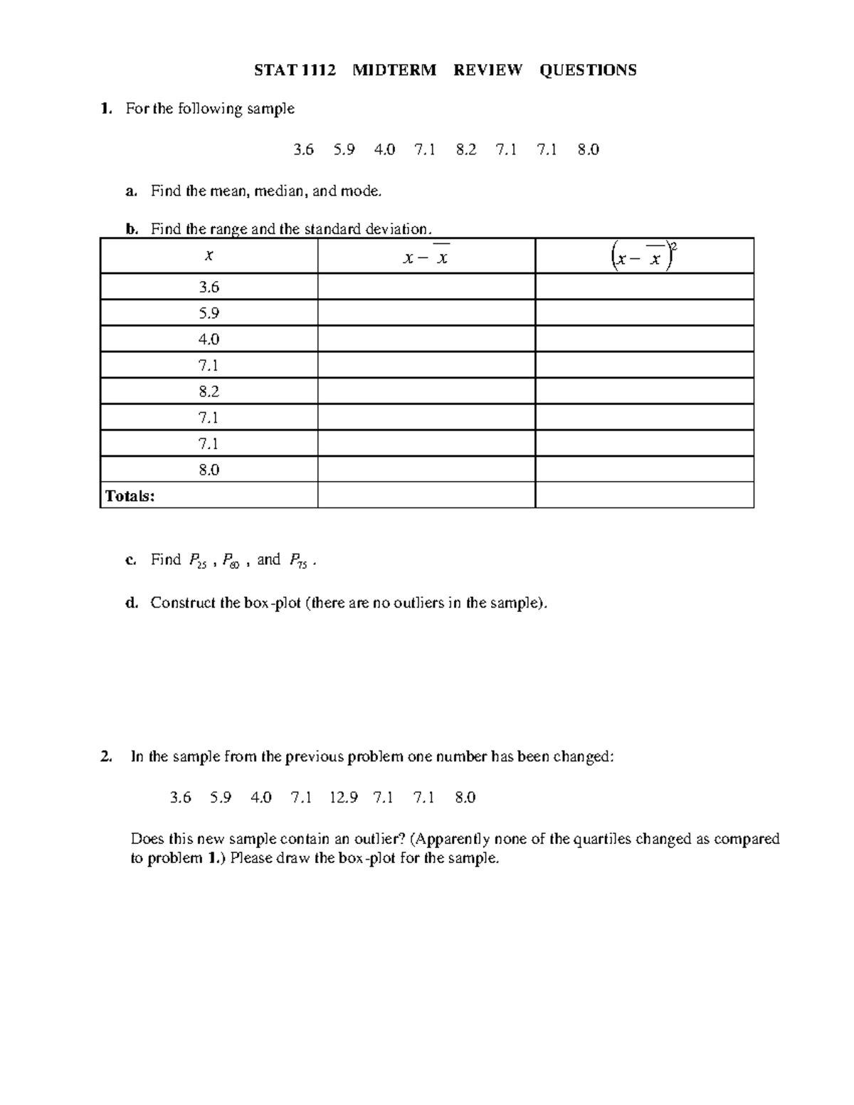 STAT 1112 Midterm Review Questions and Sample Problems - Studocu