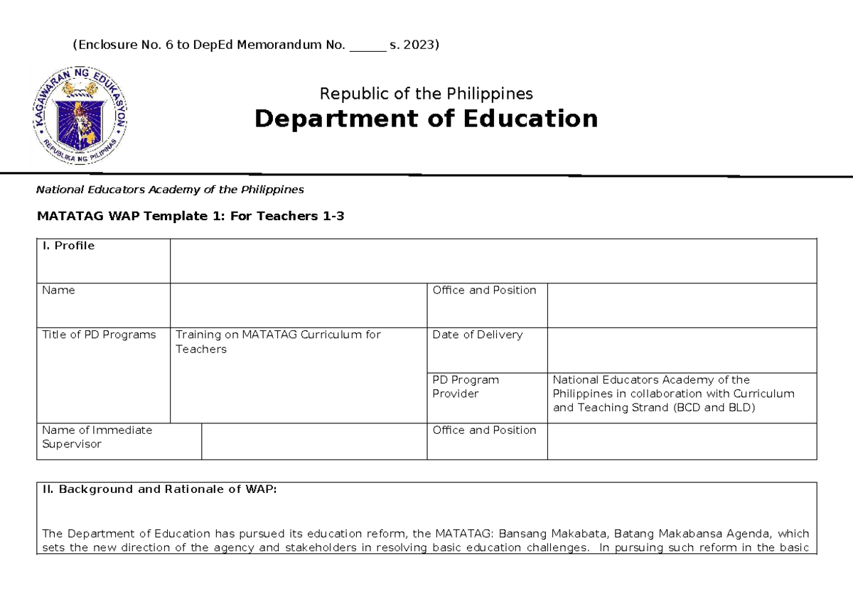 Final Exam: MATATAG WAP Template 1 for Teachers Session 15 - Studocu