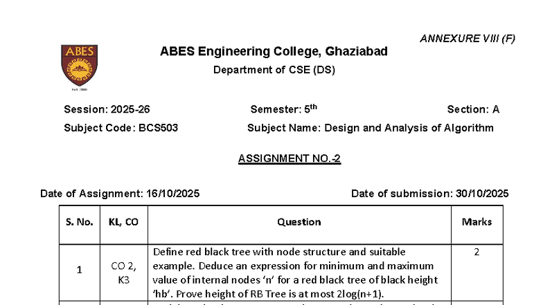 DAA Assignment 2 - BCS503 Design and Analysis of Algorithms - Studocu