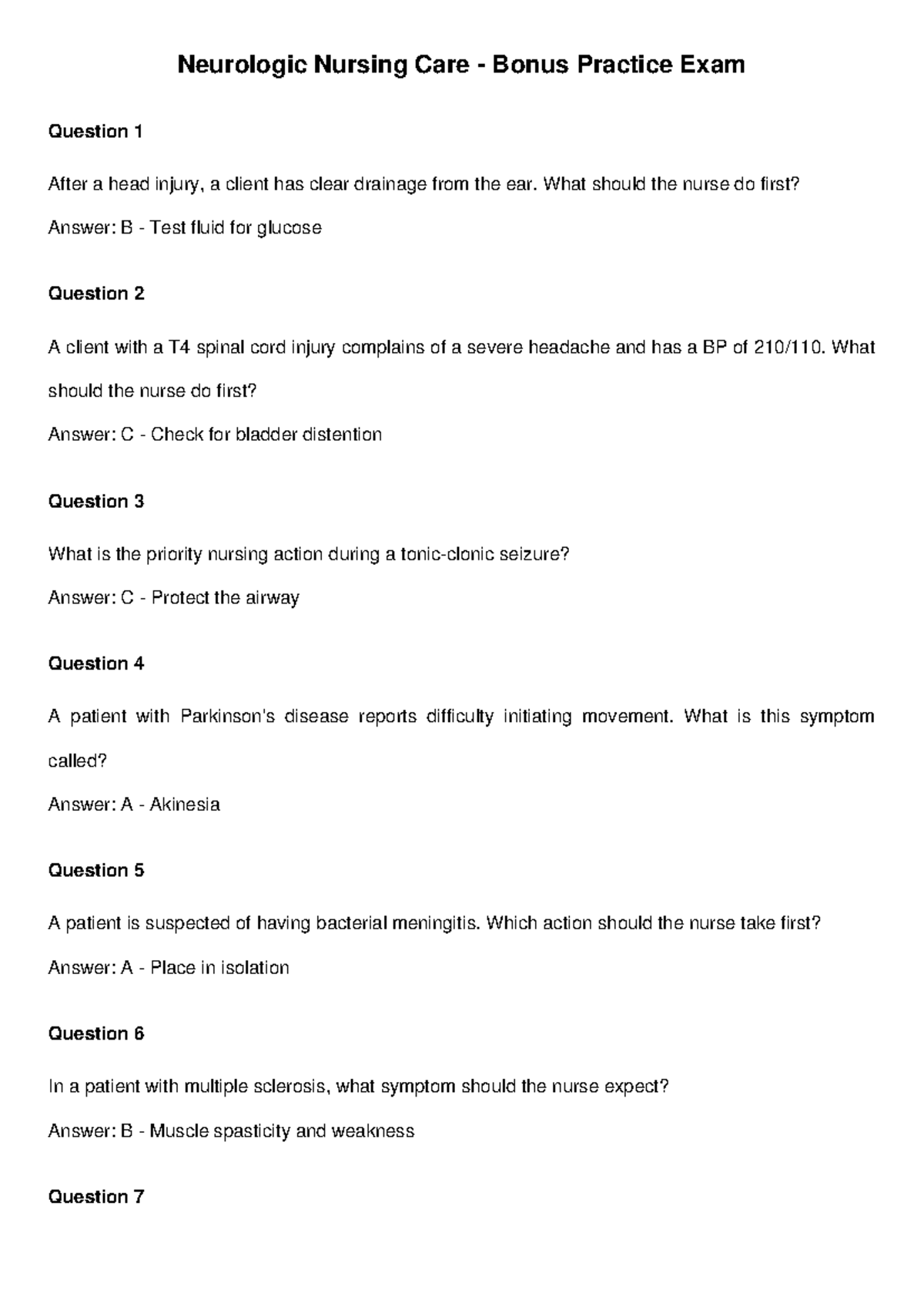 Neurologic Nursing Care NUR 301 Bonus Practice Exam Questions - Studocu