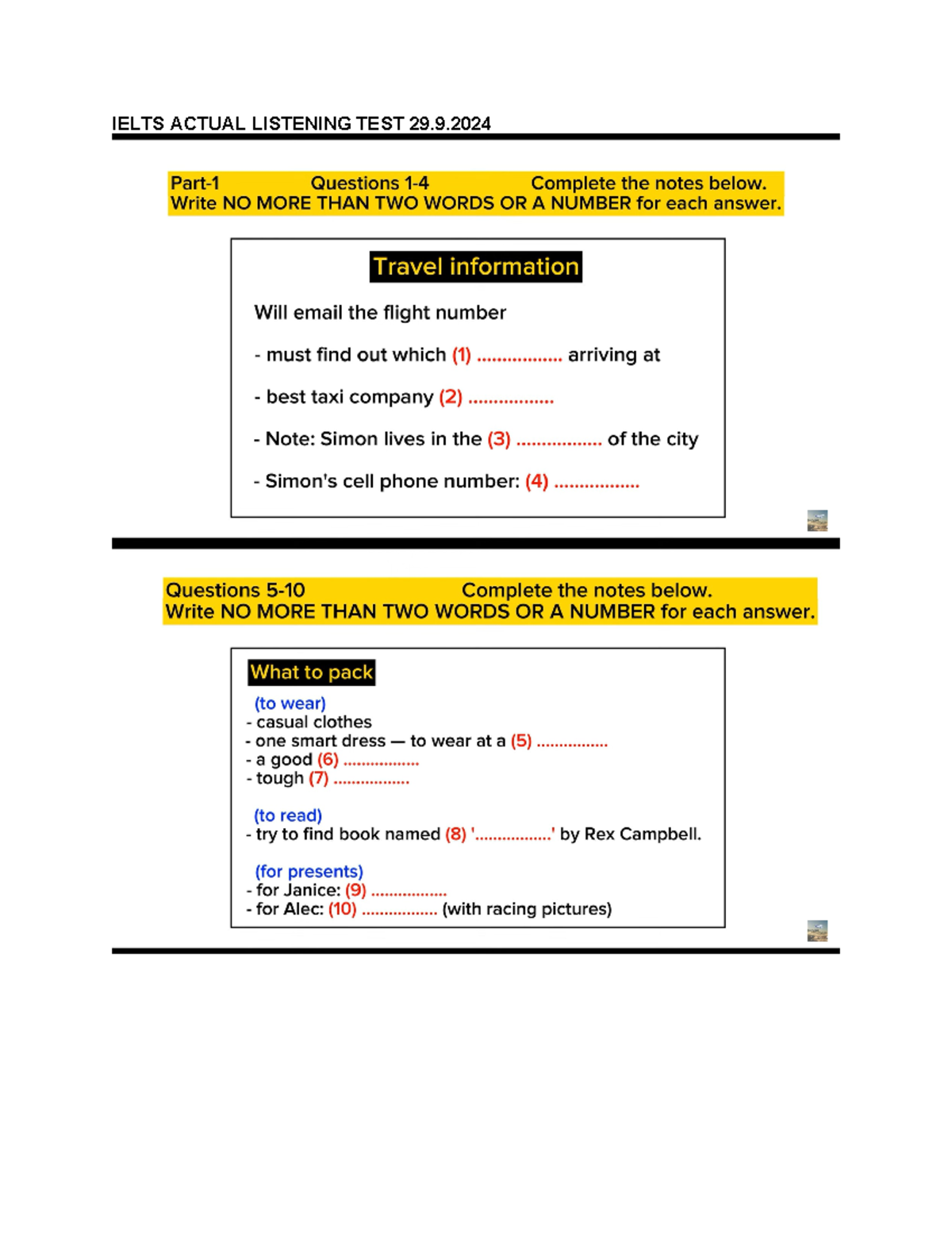 IELTS Listening Actual Test 29: Complete Notes & Questions - Studocu