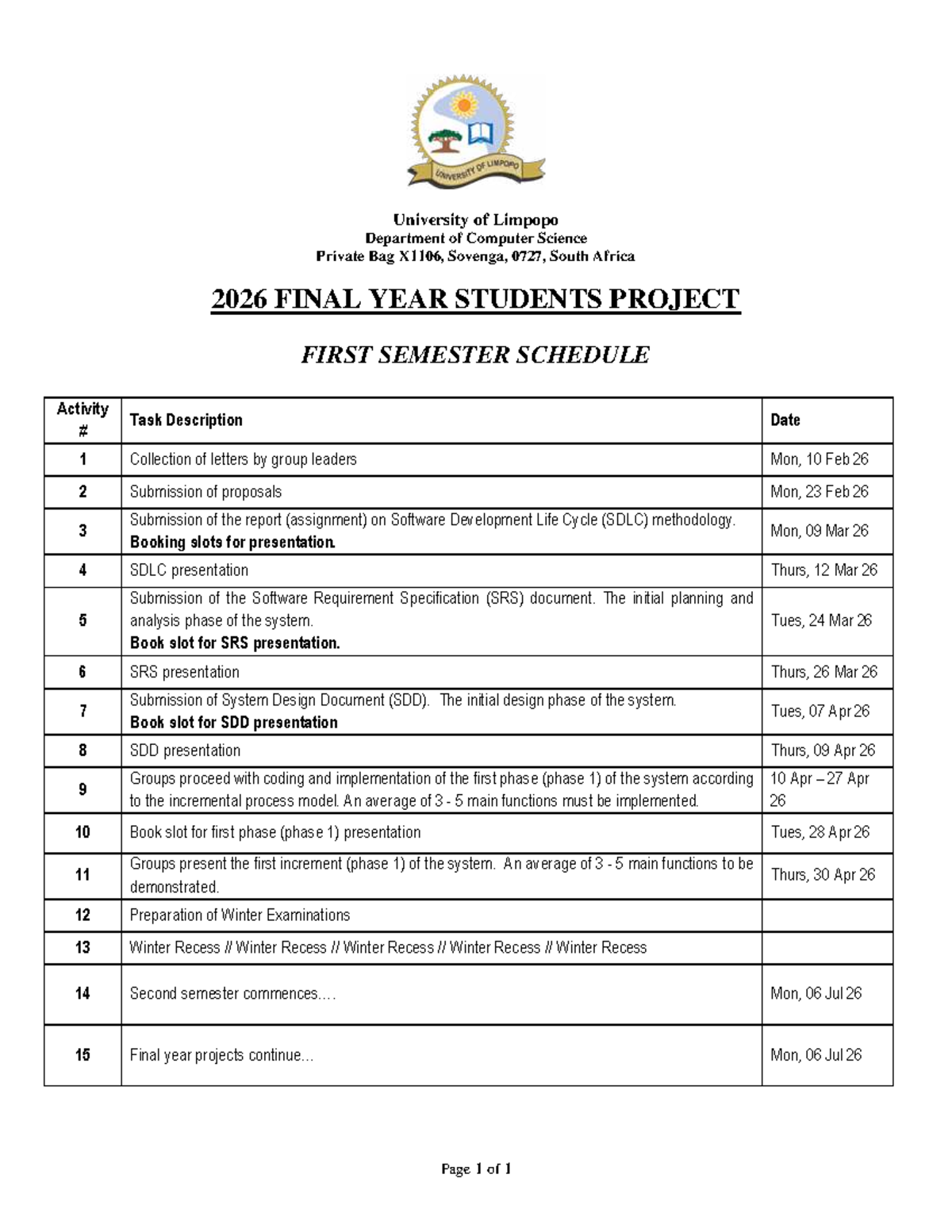 2026 CS Final Year Project Schedule - 1st Semester - Studocu
