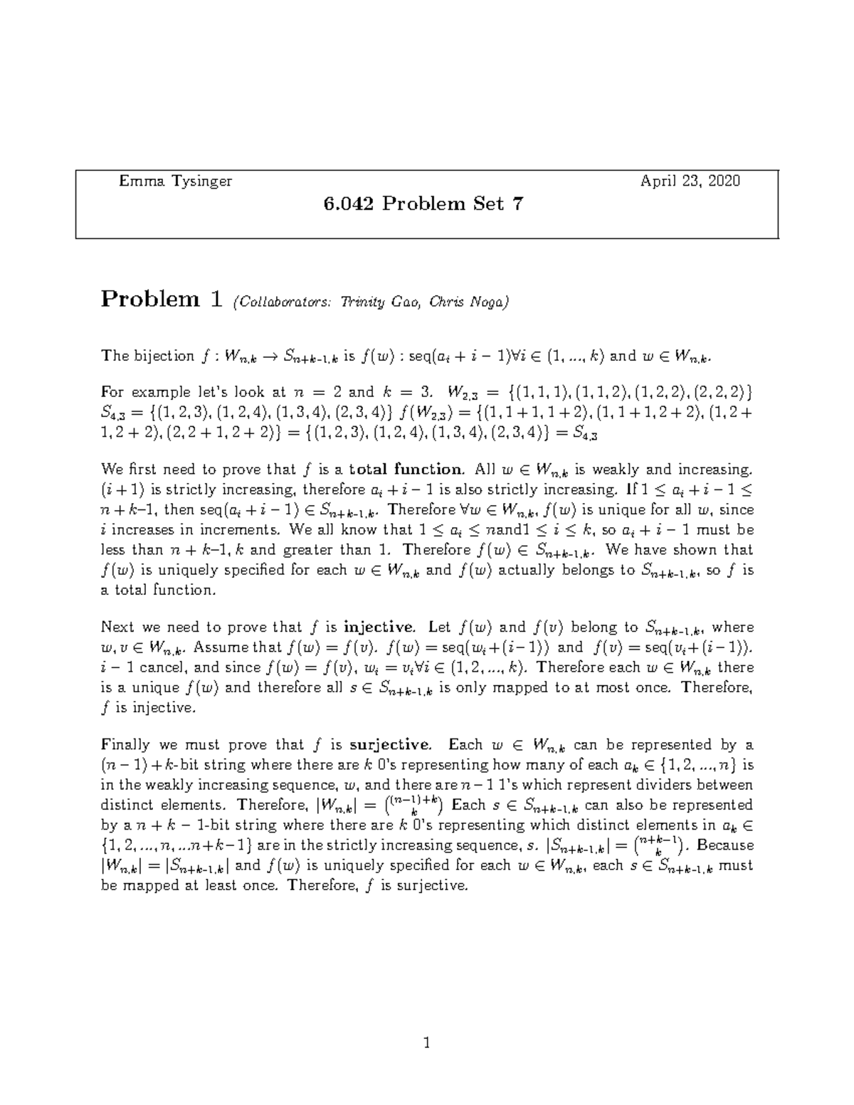 Problem Set 7 - .., k) andw∈Wn,k. For example let’s look at n = 2 andk ...