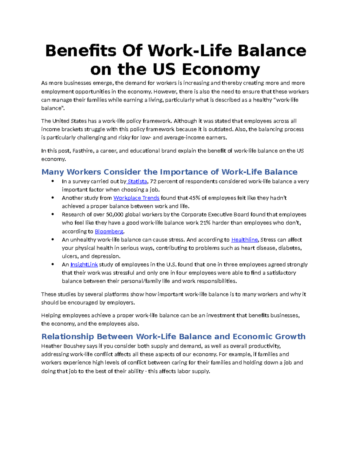 Benefits of Work-Life Balance on the US Economy - Studocu
