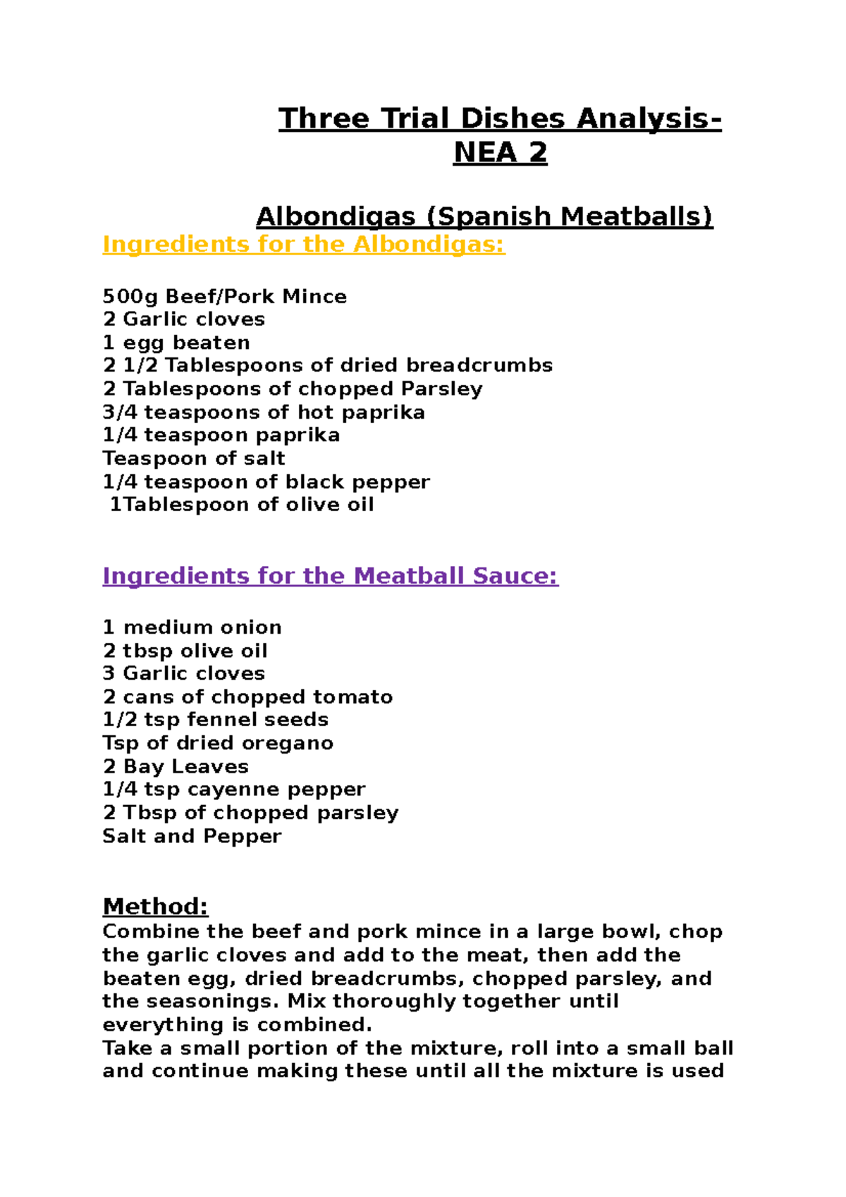 NEA2 Final Analysis of Three Trial Dishes: Spanish Recipes - Studocu