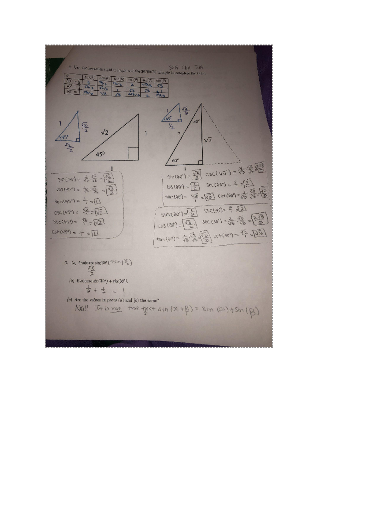 MATH 1113 6.3 Assignment - 2. Use the isosceles right triangle and the ...