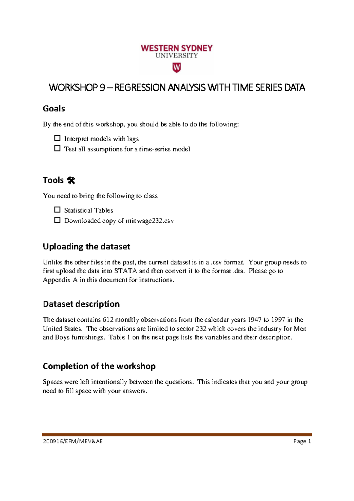Workshop 9 - Regression Analysis with Time Series Data - Studocu