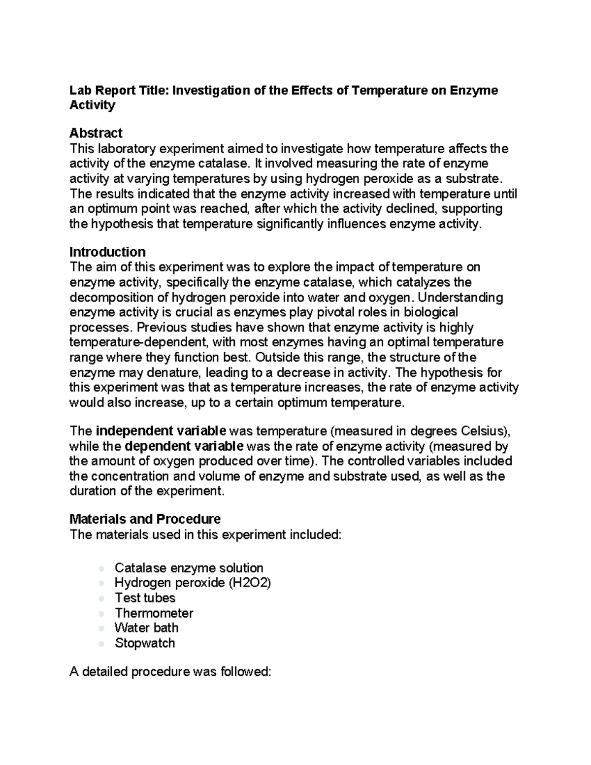 ENZ 101: Effects of Temperature on Catalase Enzyme Activity Lab Report ...