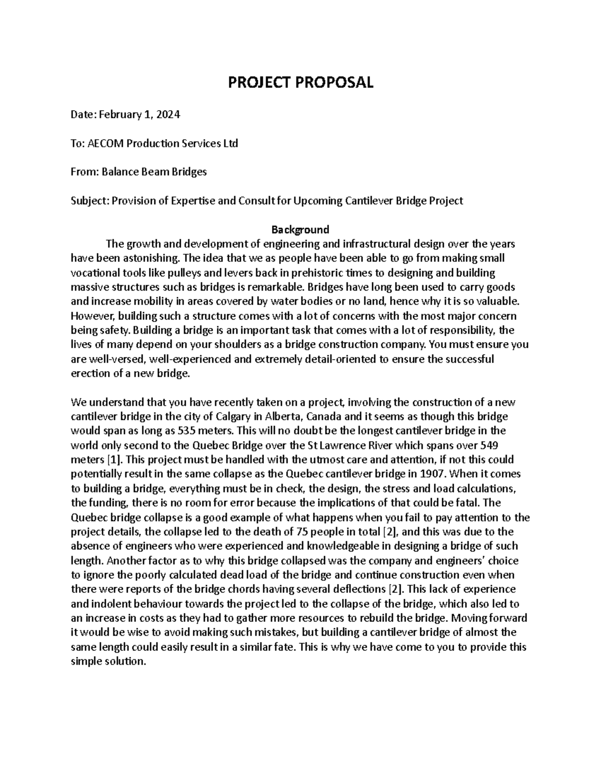 Proposal for Expertise in Upcoming Can;lever Bridge Project - Studocu