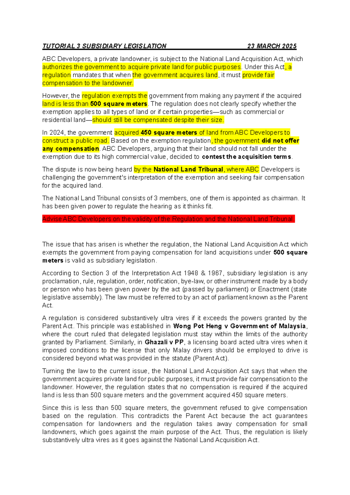 TUTO 3: Analysis of Subsidiary Legislation on Land Acquisition - Studocu