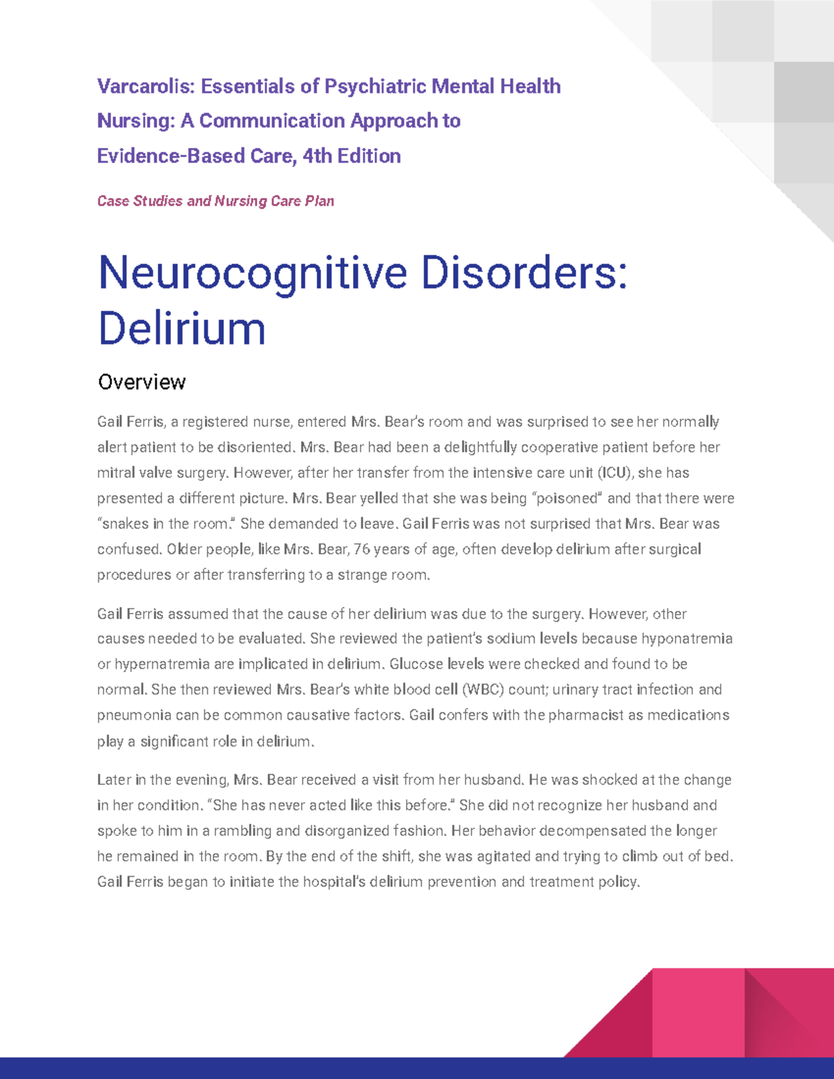 Nursing Care Plan for Delirium: Case Study of Mrs. Bear - Studocu