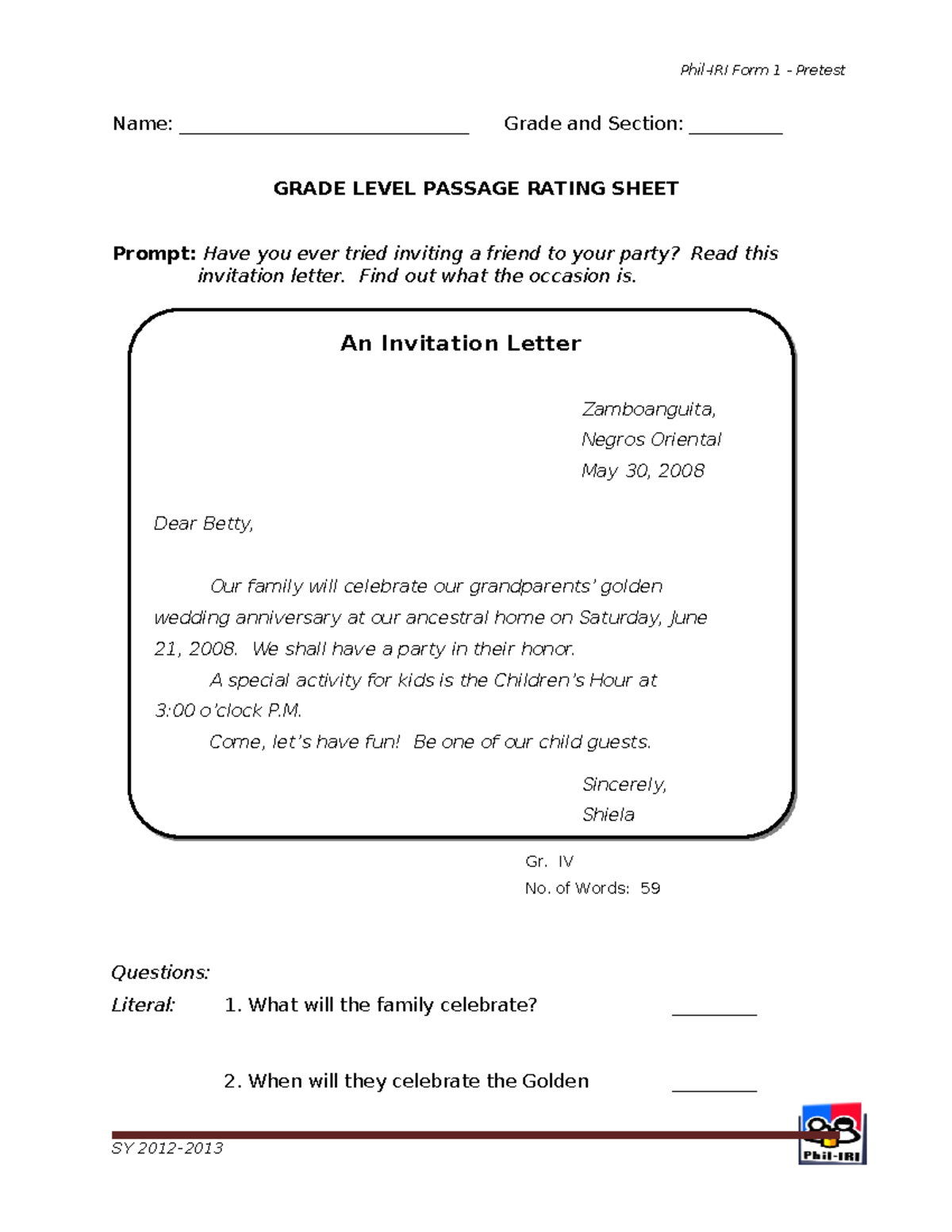 Grade 4 Invitation Letter Activity Pretest & Rating Sheet - Studocu
