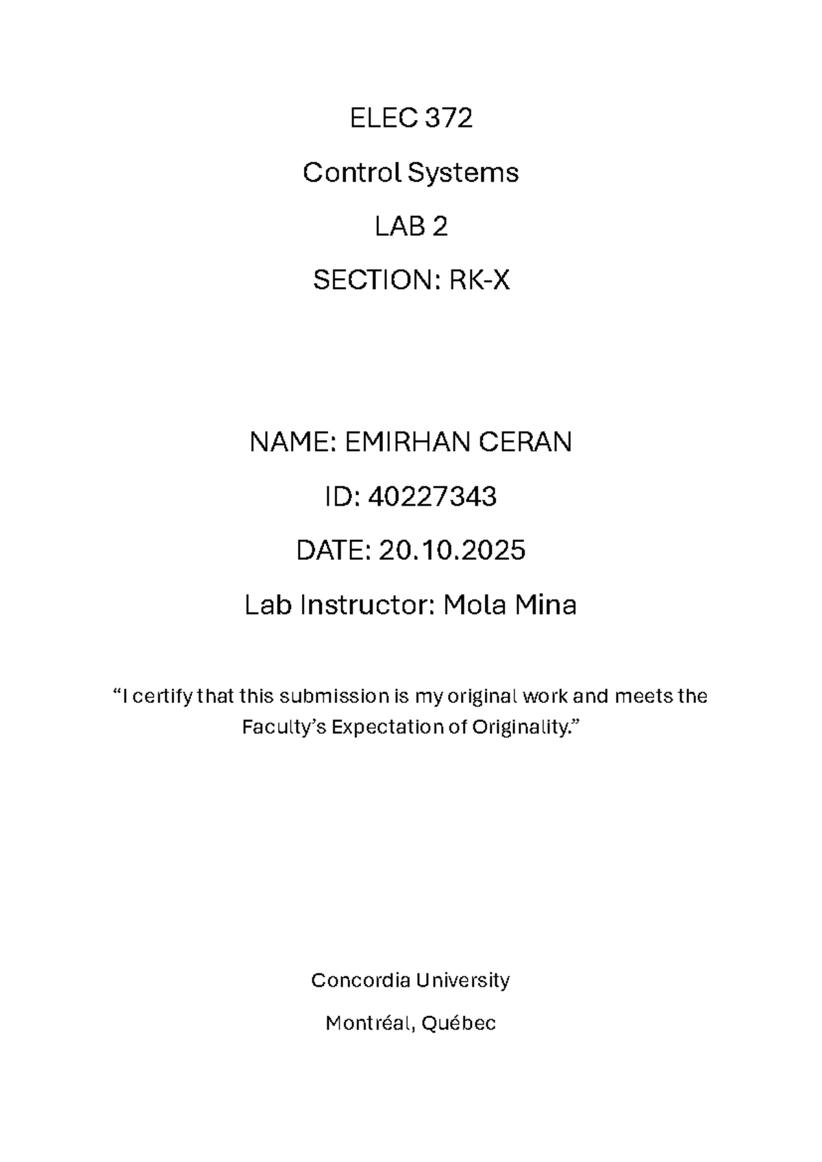 ELEC 372 Control Systems Lab 2: System Identification and Analysis ...