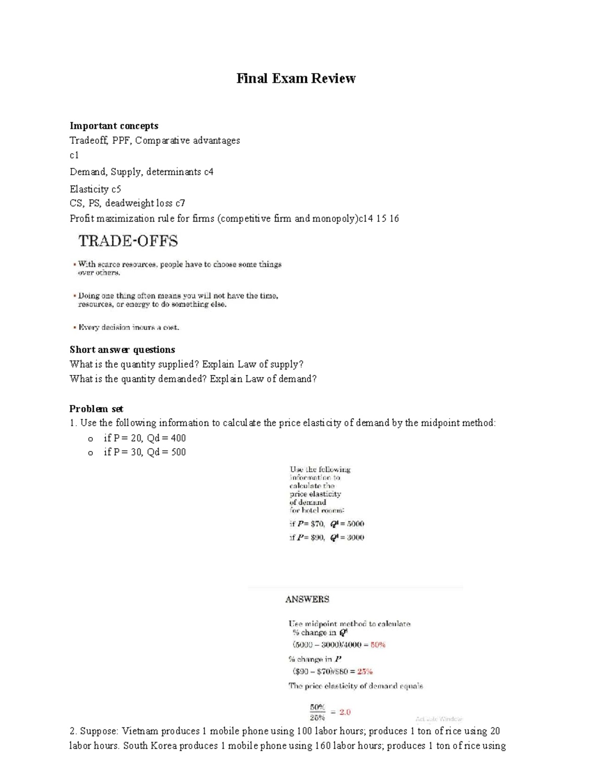 Final Exam Review - Key Concepts in Microeconomics (C1, C4, C5, C7, C14 ...