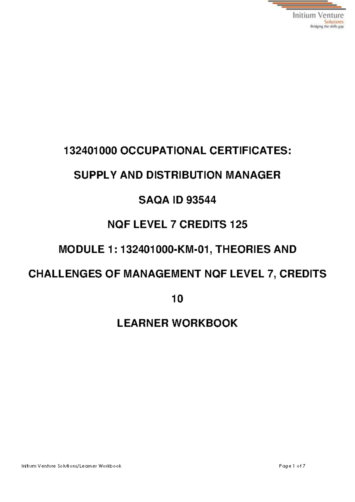 Module 1: Occupational Learner Workbook for Supply & Distribution ...