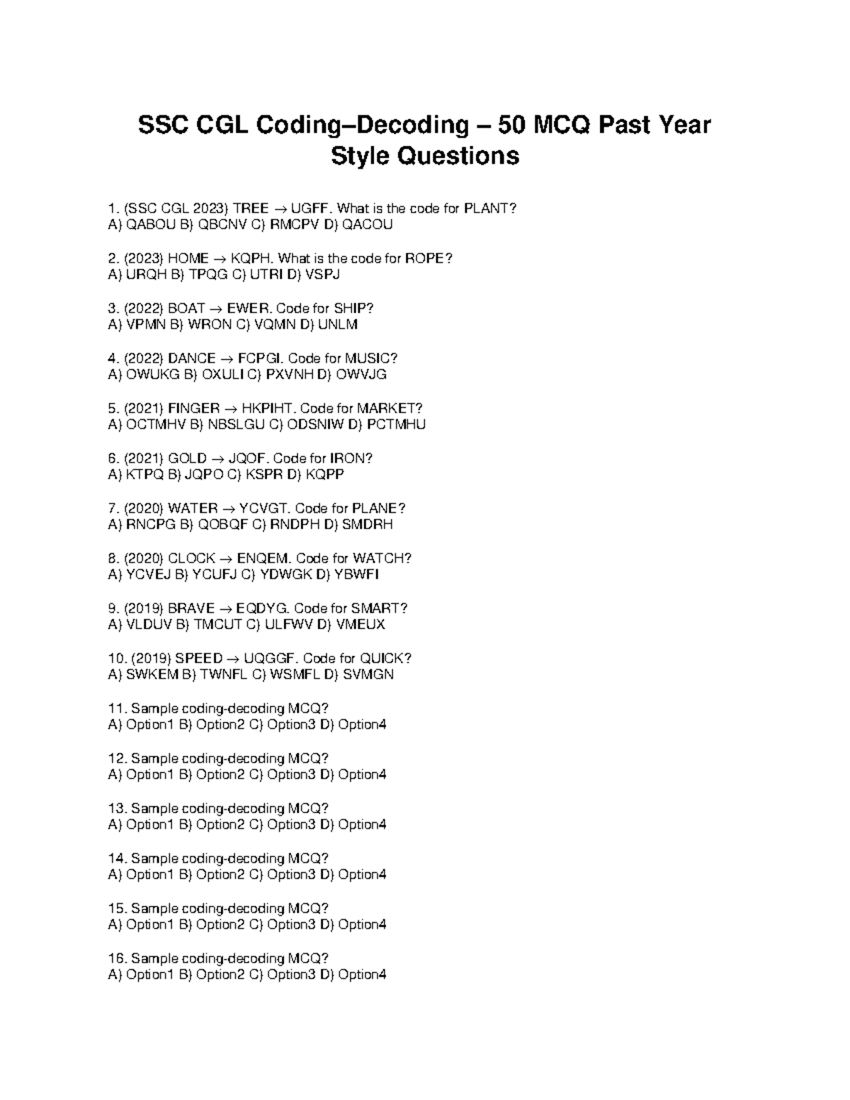 SSC CGL 50 MCQ Coding Decoding Questions (2023) - Studocu