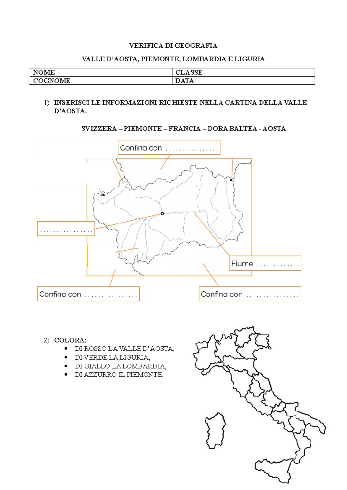 verifica geografia classe prima indicatori topologici