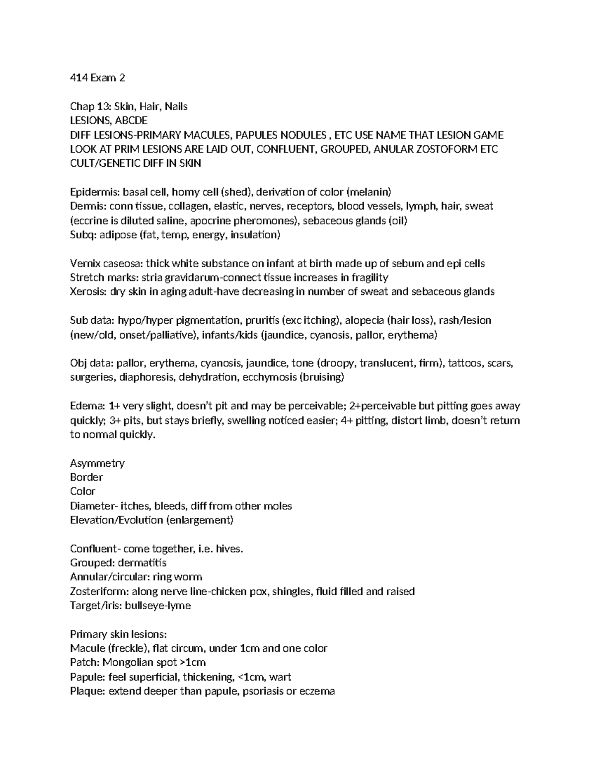 414 Exam 2 Study Guide - Chapters 13 & 23: Skin, Hair, MSK - Studocu