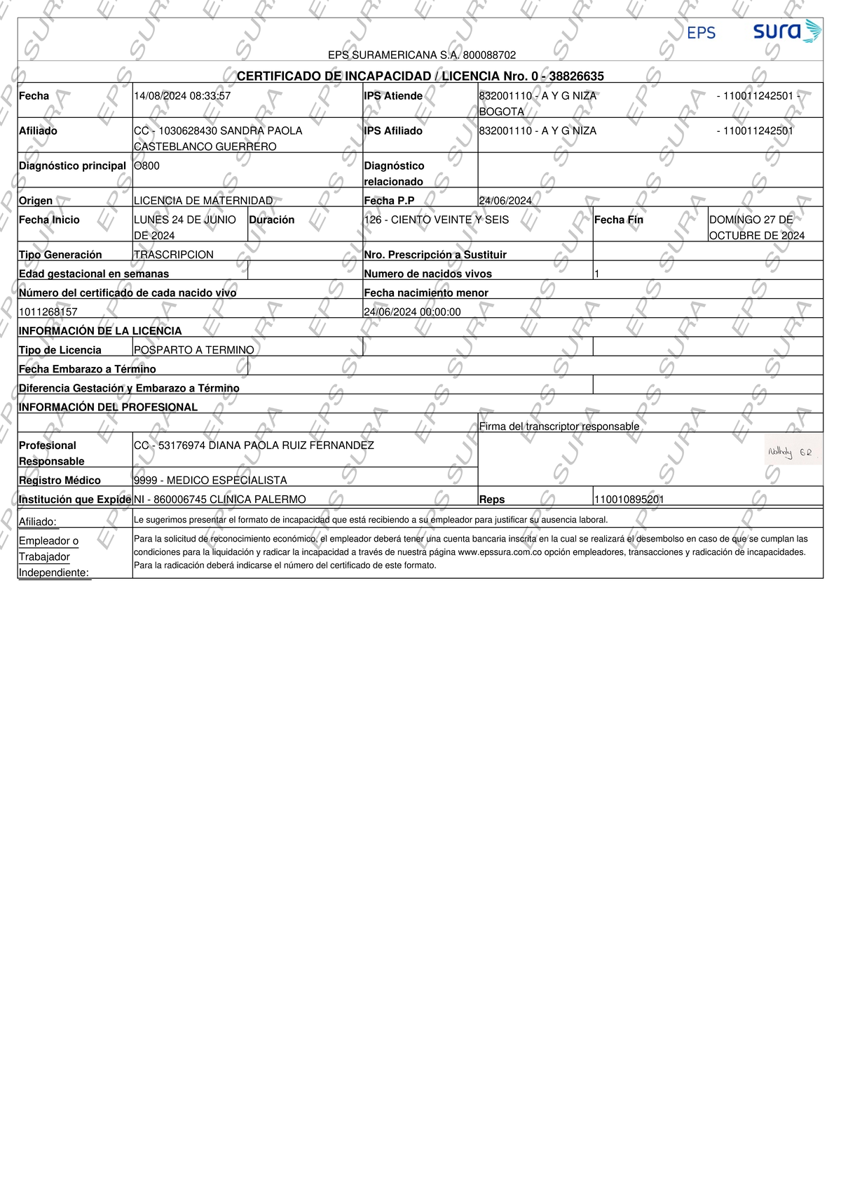 Certificado de Incapacidad EPS SURA Nro. 38826635 - 2024 - Studocu