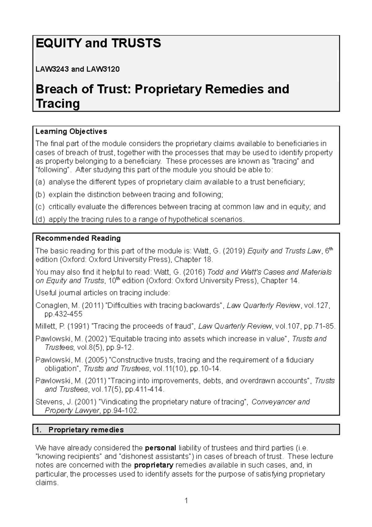 LAW3243 - Equity and Trusts Lecture 14: Breach of Trust and Tracing ...