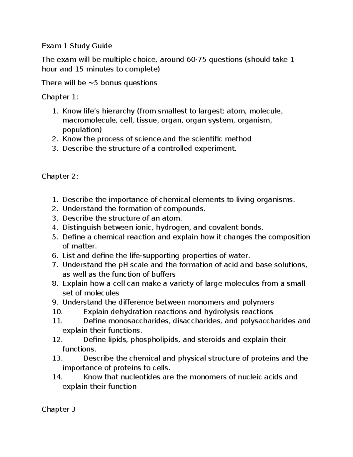 BIO105 Exam 1 Study Guide: Key Concepts from Chapters 1-3 - Studocu