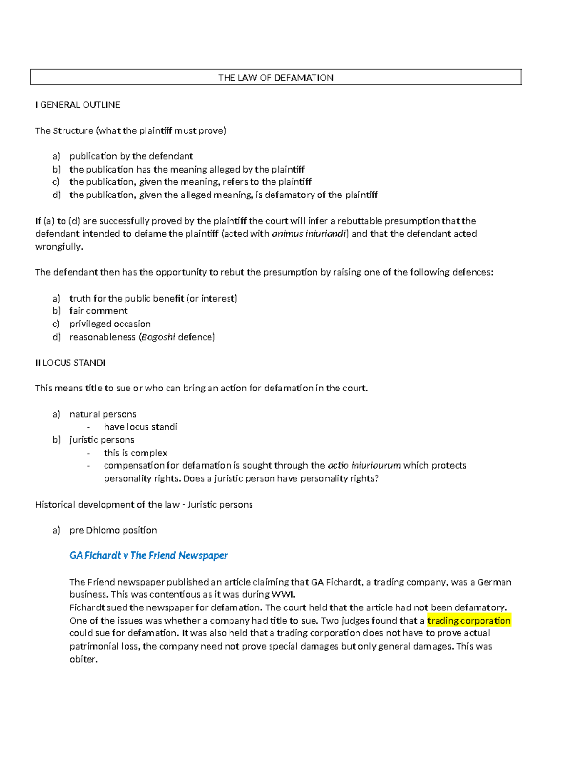 Law of Defamation (LAW 101) - Comprehensive Study Notes - Studocu