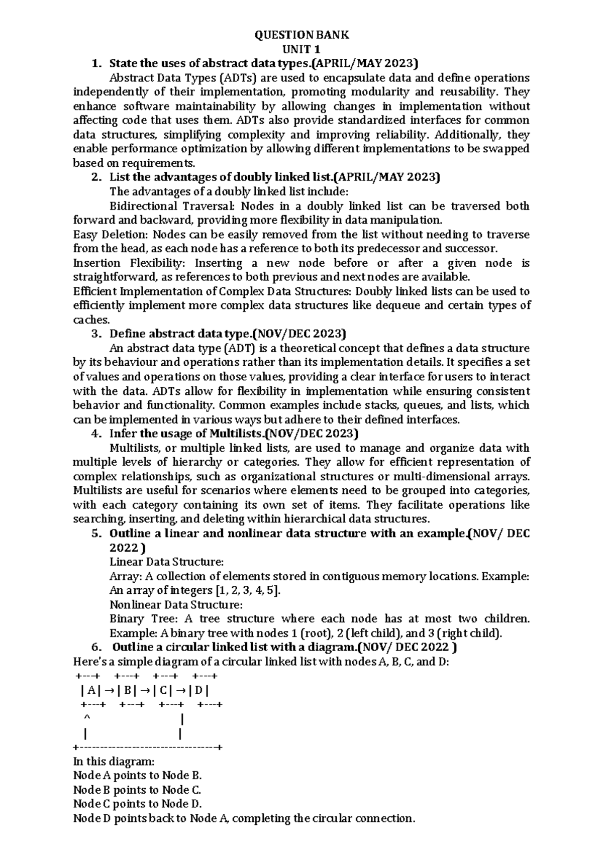 CS3301 DS QB - Unit-Wise Practice Questions for Final Exam Preparation ...